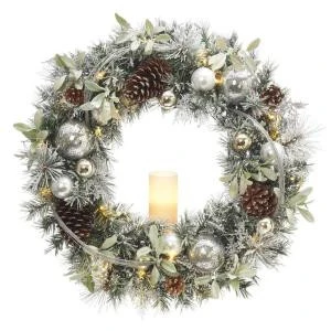 30 In. Battery Operated Snowy Silver Pine Artificial Wreath With 30 Clear LED Lights And LED Candle-2258330HD 206005412 1 30 In. Battery Operated Snowy Silver Pine Artificial Wreath With 30 Clear LED Lights And LED Candle-2258330HD 206005412