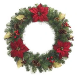 30 In. Unlit Burgundy Poinsettia Artificial Wreath-2258460HD 206005431
