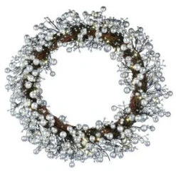 48-Light LED Silver 24 In. Battery Operated Berry Wreath With Timer-WL10-1WS024-A1 202938548
