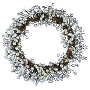 48-Light LED Silver 24 In. Battery Operated Berry Wreath With Timer-WL10-1WS024-A1 202938548 1 48-Light LED Silver 24 In. Battery Operated Berry Wreath With Timer-WL10-1WS024-A1 202938548