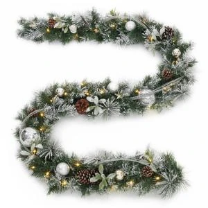 9 Ft. Battery Operated Snowy Silver Pine Artificial Garland With 36 Clear LED Lights-2258340HD 205994552 1 9 Ft. Battery Operated Snowy Silver Pine Artificial Garland With 36 Clear LED Lights-2258340HD 205994552