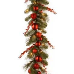 Decorative Collection 9 Ft. Christmas Red Mixed Garland With Battery Operated Warm White LED Lights-DC13-159-9BB-1 300330495