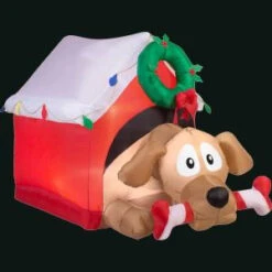 Gemmy 43.7 In. L X 66.14 In. W X 44.49 In. H Inflatable Animated Dog In Presents With Candy Cane Bone-36867X 300060726