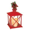 Gerson 14.76 In. H Red Plastic Lantern With Glass, Pinecone And Mistletoe With Plaid Bow And 3 LED Plastic Candles-2300730EC 300358785