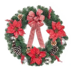 Home Accents Holiday 24 In. Icy Red Poinsettia Wreath With Silver Striped Red Bow-2323340HD 206954320 1 Home Accents Holiday 24 In. Icy Red Poinsettia Wreath With Silver Striped Red Bow-2323340HD 206954320