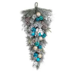 Home Accents Holiday 32 In. Flocked Pine Teardrop With Blue Plate Balls And Pinecones-2321690HD 206771294