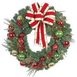 Home Accents Holiday 32 In. LED Pre-Lit Jolly Artificial Christmas Wreath With Ribbons, Baubles And 50 Battery-Operated Warm-White Lights-CHZH1761698THY 206771194