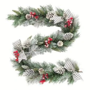 Home Accents Holiday 6 Ft. Snowy Pine Garland With Pinecones, Berries And Striped Bow-2320710HD 206771252 1 Home Accents Holiday 6 Ft. Snowy Pine Garland With Pinecones, Berries And Striped Bow-2320710HD 206771252