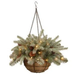 National Tree Company 20 In. Frosted Arctic Spruce Hanging Basket With Battery Operated Warm White LED Lights-PEFA1-307L-20HB 300487242
