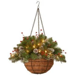 National Tree Company 20 In. Glittery Mountain Spruce Hanging Basket With Battery Operated Warm White LED Lights-GLM1-300-20H-B1 300487248