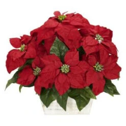 Nearly Natural 16.5 In. H Red Poinsettia With White Wash Planter Silk Arrangement-1262 203141462