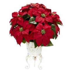 Nearly Natural 21.0 In. H Red Poinsettia With Metal Planter Silk Flower Arrangement-1267 203141466