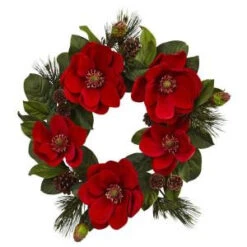 Nearly Natural 24 In. Red Magnolia And Pine Artificial Wreath-4869 206585512
