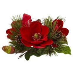 Nearly Natural 7 In. Red Magnolia And Pine Candelabrum-4894 206585526